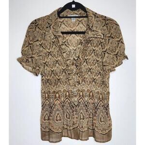 Dressbarn Shirt Womens Petite XL Brown Paisley Ruffle Button Front Boho Top